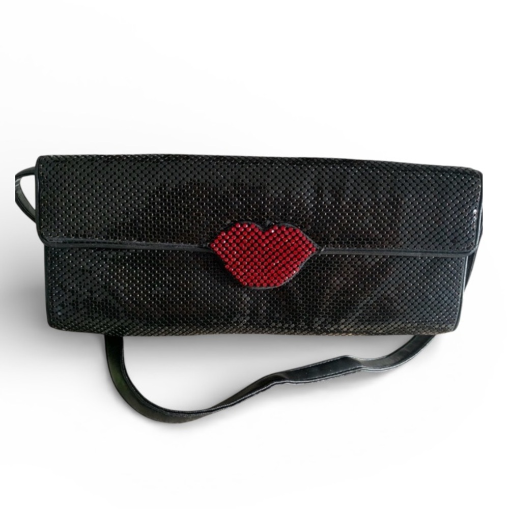 CACHE  BLACK SEQUIN PURSE WITH RED " LIPS " EUC, Worn Once